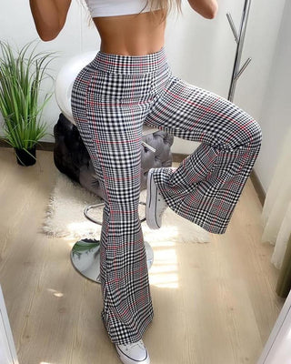 Pantalon évasé taille haute à carreaux
