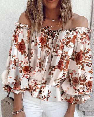 Haut à épaules dénudées à imprimé fleuri et manches lanterne à ourlet volant à nouer sur le devant