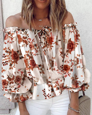 Haut à épaules dénudées à imprimé fleuri et manches lanterne à ourlet volant à nouer sur le devant
