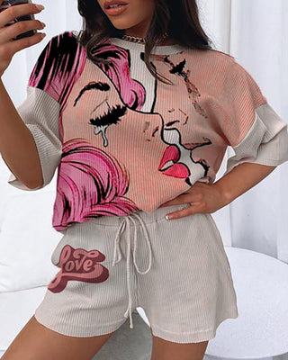 Ensemble haut à manches longues et short à imprimé lettre avec cordon de serrage
