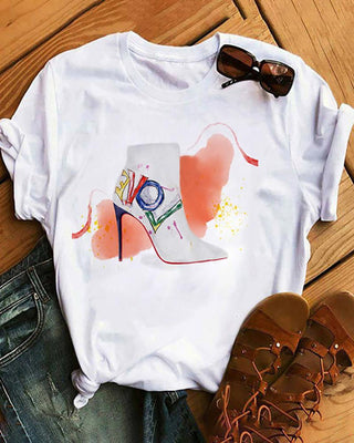 T-shirt col rond imprimé talons hauts