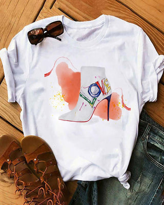 T-shirt col rond imprimé talons hauts