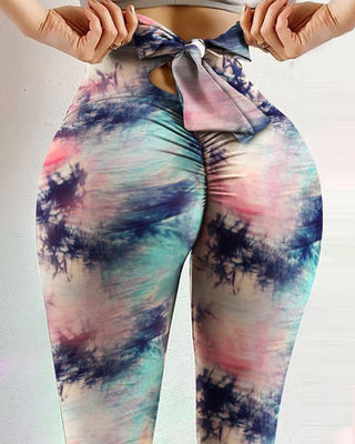 Tie Dye Print Bowknot Scrunch Butt Leggings Pantalon de yoga de levage taille haute