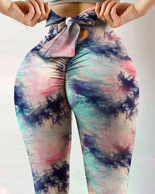 Tie Dye Print Bowknot Scrunch Butt Leggings Pantalon de yoga de levage taille haute