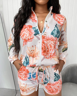 Ensemble top et short à imprimé floral avec fermeture éclair