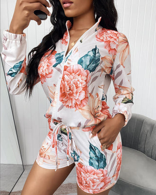 Ensemble top et short à imprimé floral avec fermeture éclair