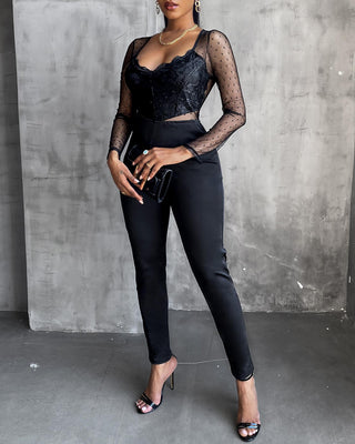 Combinaison ajustée à manches longues en maille transparente à pois