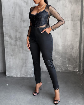 Combinaison ajustée à manches longues en maille transparente à pois