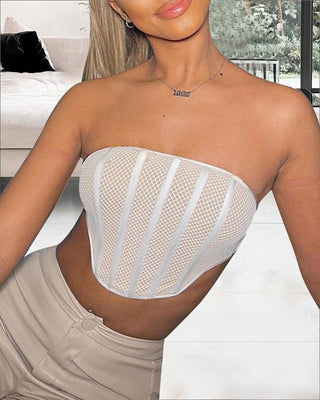 Top court sans manches en résille de couleur unie