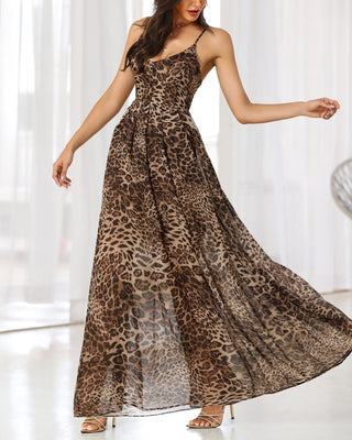 Robe longue imprimée léopard à bretelles fines