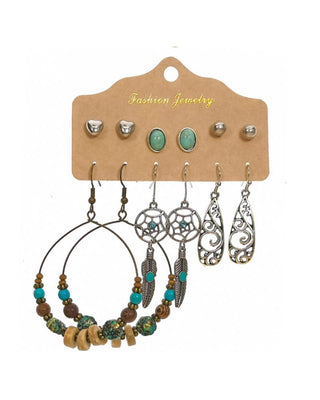 Ensemble de 6 paires de boucles d'oreilles rétro avec plumes et perles