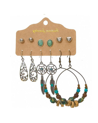 Ensemble de 6 paires de boucles d'oreilles rétro avec plumes et perles