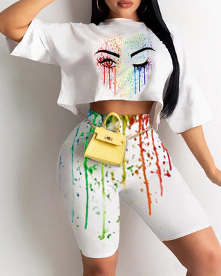 Ensemble haut color block à imprimé cils et short taille haute