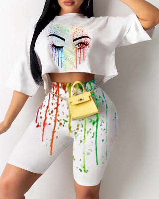 Ensemble haut color block à imprimé cils et short taille haute