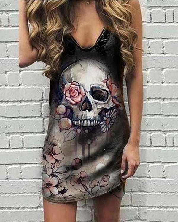 Robe décontractée sans manches à imprimé floral Skull