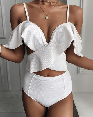 Épaule froide à manches volantées ensembles de bikini à lacets simples (2PCS)