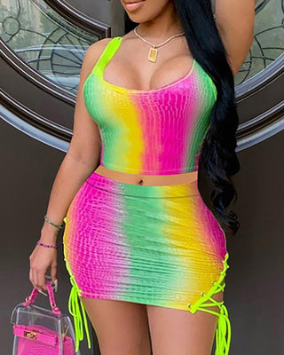 Ensemble de jupes à lacets et haut color block à bretelles épaisses à col en U