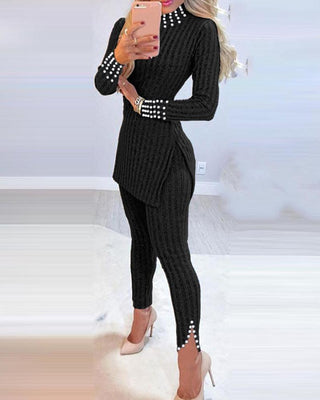 Ensemble haut et pantalon à manches longues et fente latérale avec perles