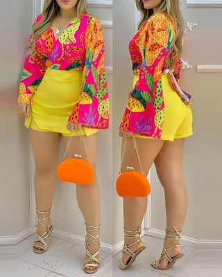 Ensemble haut et short cache-cœur à col en V et imprimé intégral