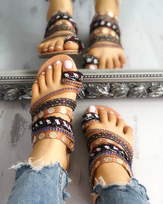 Sandales plates décontractées à anneau d'orteil de style ethnique