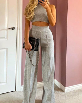 Ensemble top court sans manches et pantalon taille haute