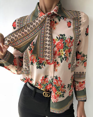 Chemise décontractée à imprimé foulard à col noué