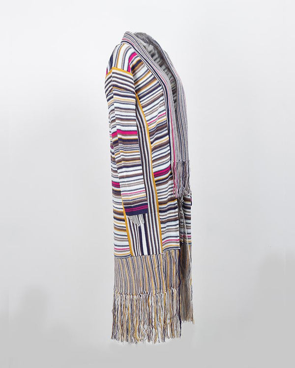 Cardigan long en maille avec motif à pampilles et blocs de couleurs