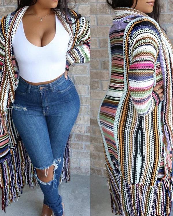 Cardigan long en maille avec motif à pampilles et blocs de couleurs