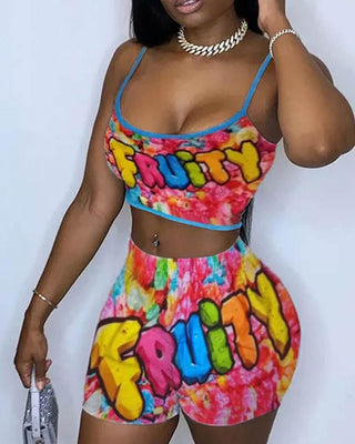 Ensemble haut et short à bretelles spaghetti à imprimé lettre dessin animé