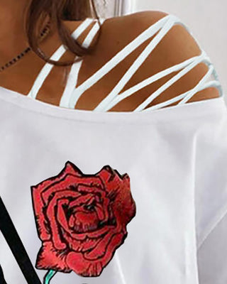 Haut asymétrique à lacets à imprimé floral et lettre