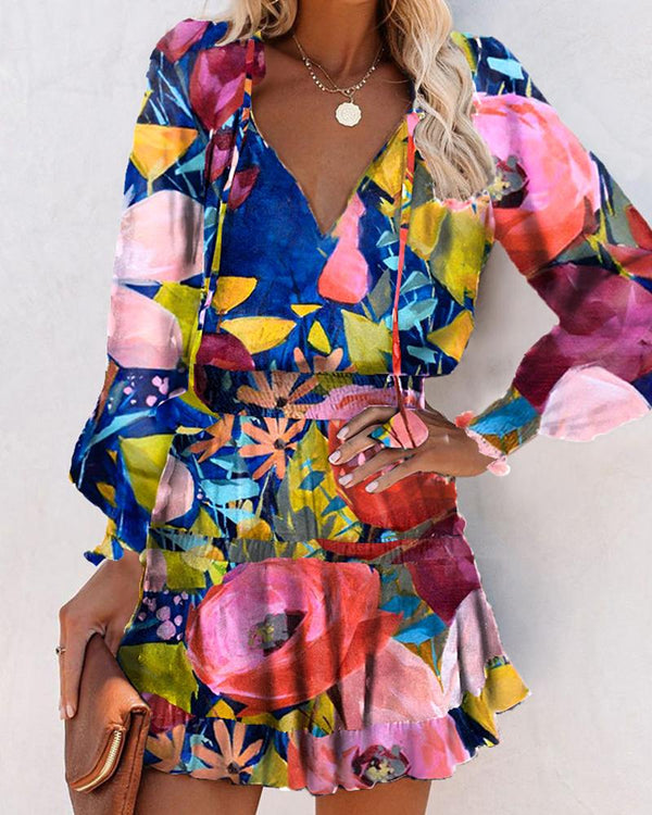 Mini-robe à manches longues et taille skinny à imprimé floral multicolore