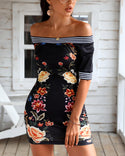 Robe rayée à imprimé floral et épaules dénudées