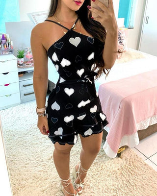 Robe décontractée à volants et licou à imprimé coeur