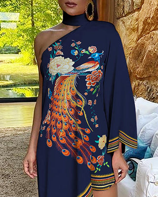 Robe irrégulière à imprimé floral paon à une épaule