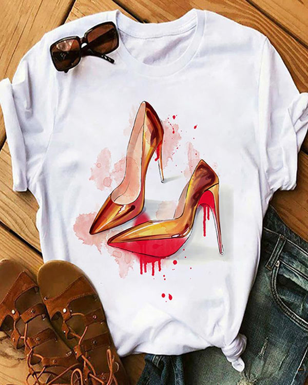 T-shirt Décontracté à Manches Courtes Imprimé Floral / Lettre / Talons