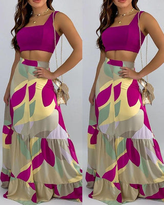 Ensemble haut court à bretelles épaisses et jupe taille haute