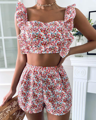 Ensemble short et top court dos nu à imprimé floral et volants