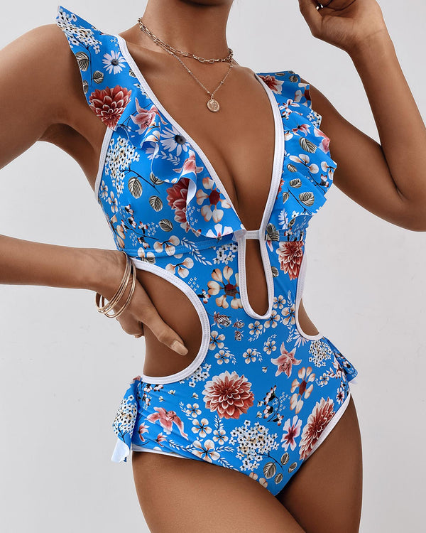 Maillot de bain une pièce à volants et imprimé floral