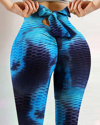 Bowknot Decor Bubble Texturé Découpe Tie Dye Print Pantalon de yoga de levage
