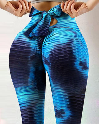 Bowknot Decor Bubble Texturé Découpe Tie Dye Print Pantalon de yoga de levage