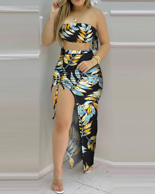 Ensembles top court bandeau imprimé tropical et jupe à fente haute avec cordon de serrage