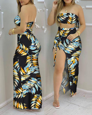 Ensembles top court bandeau imprimé tropical et jupe à fente haute avec cordon de serrage