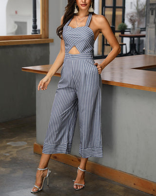 Combinaison à fines rayures Halter Cross Over Jumpsuit