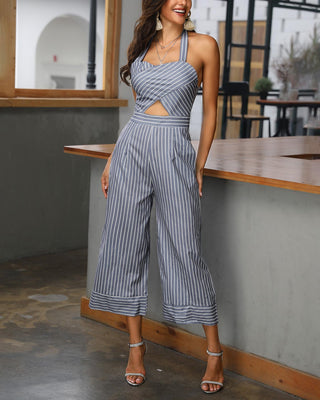 Combinaison à fines rayures Halter Cross Over Jumpsuit