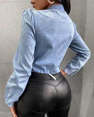 Chemise en denim à manches bouffantes à col noué