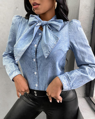 Chemise en denim à manches bouffantes à col noué