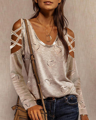 Haut à manches longues et épaules dénudées à imprimé cœur