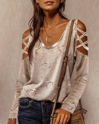 Haut à manches longues et épaules dénudées à imprimé cœur