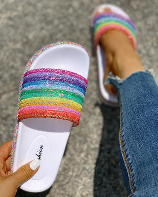 Sandales plates colorées paillettes arc-en-ciel