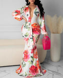 Robe longue sirène à imprimé floral et manches longues